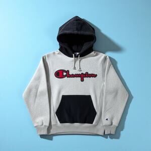 CHAMPION Men's Reverse Weave Corduroy Logo Hoodie Gray Blue XS Streetwear Casual